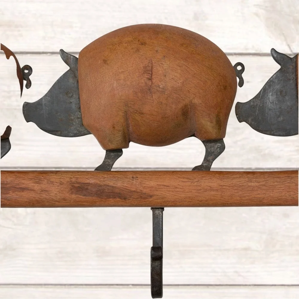 Rustic Wood and Metal Pig Wall Mount Coat Rack 4 Hook Farmhouse Entryway Decor